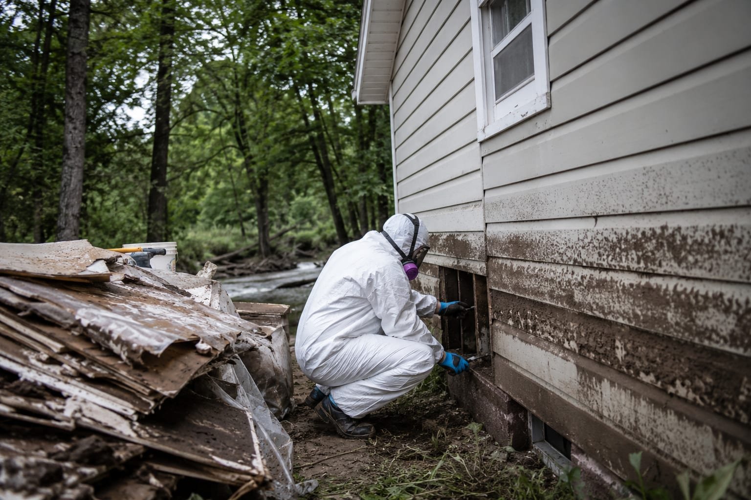 Mold remediation technician assessing flood-related mold in a Chili, NY home near Black Creek