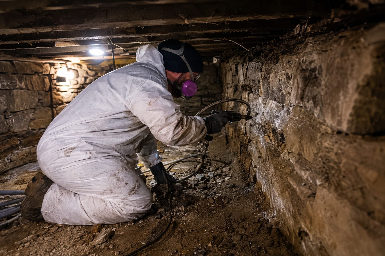 Mold remediation technician working in an older canal-village home basement in Fairport, NY
