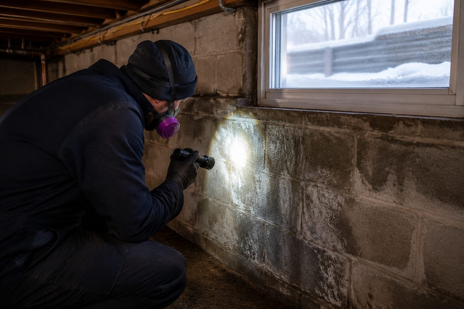 Mold remediation technician working in a lakeshore-area basement in Greece, NY