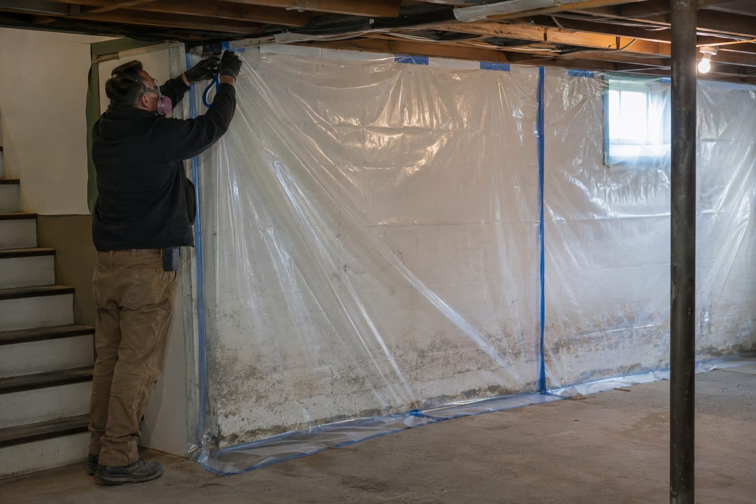 Mold remediation crew setting up containment in a Henrietta, NY rental property basement