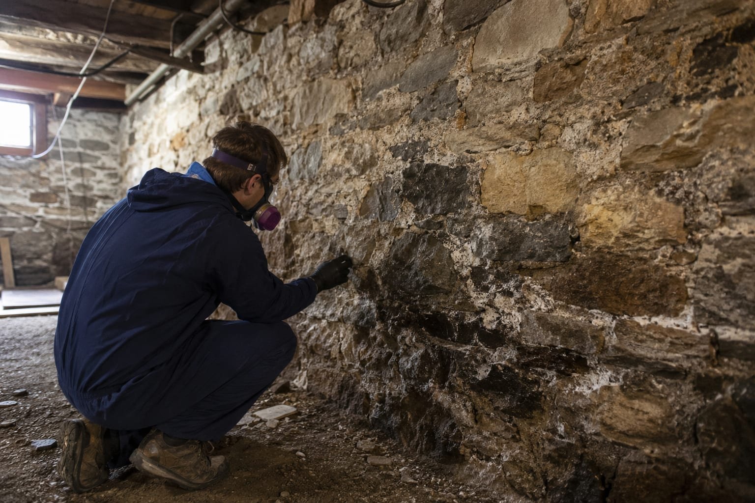 Mold remediation technician inspecting a stone foundation basement wall in an older Irondequoit, NY home