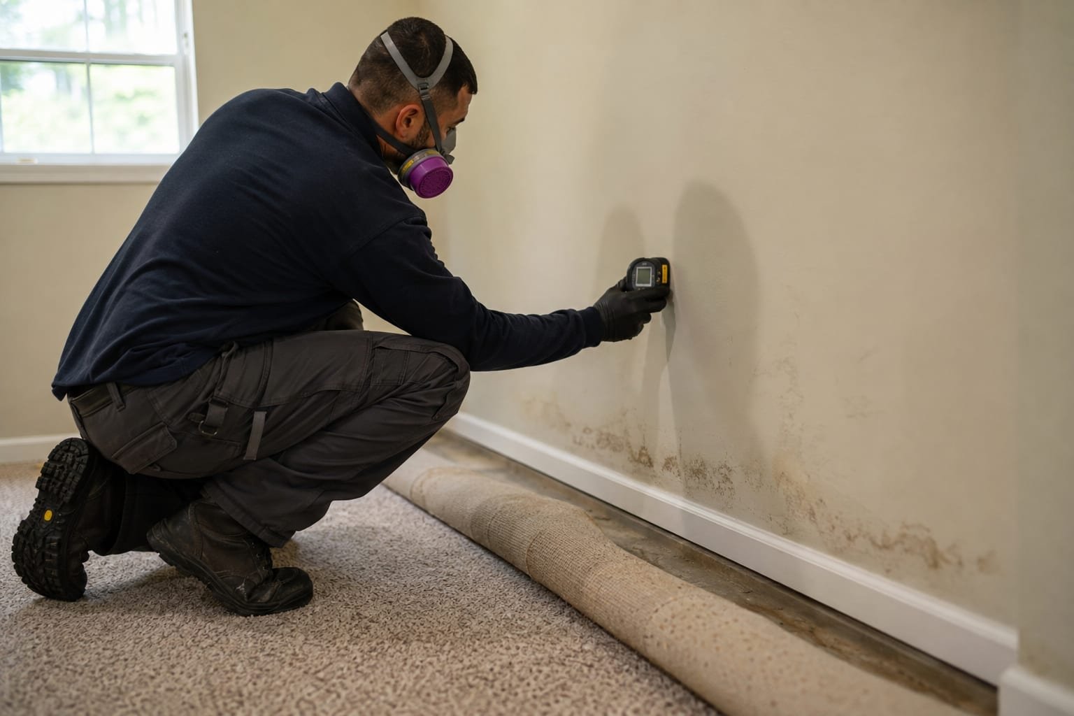 Mold remediation technician moisture-mapping a finished basement wall in a Penfield, NY home