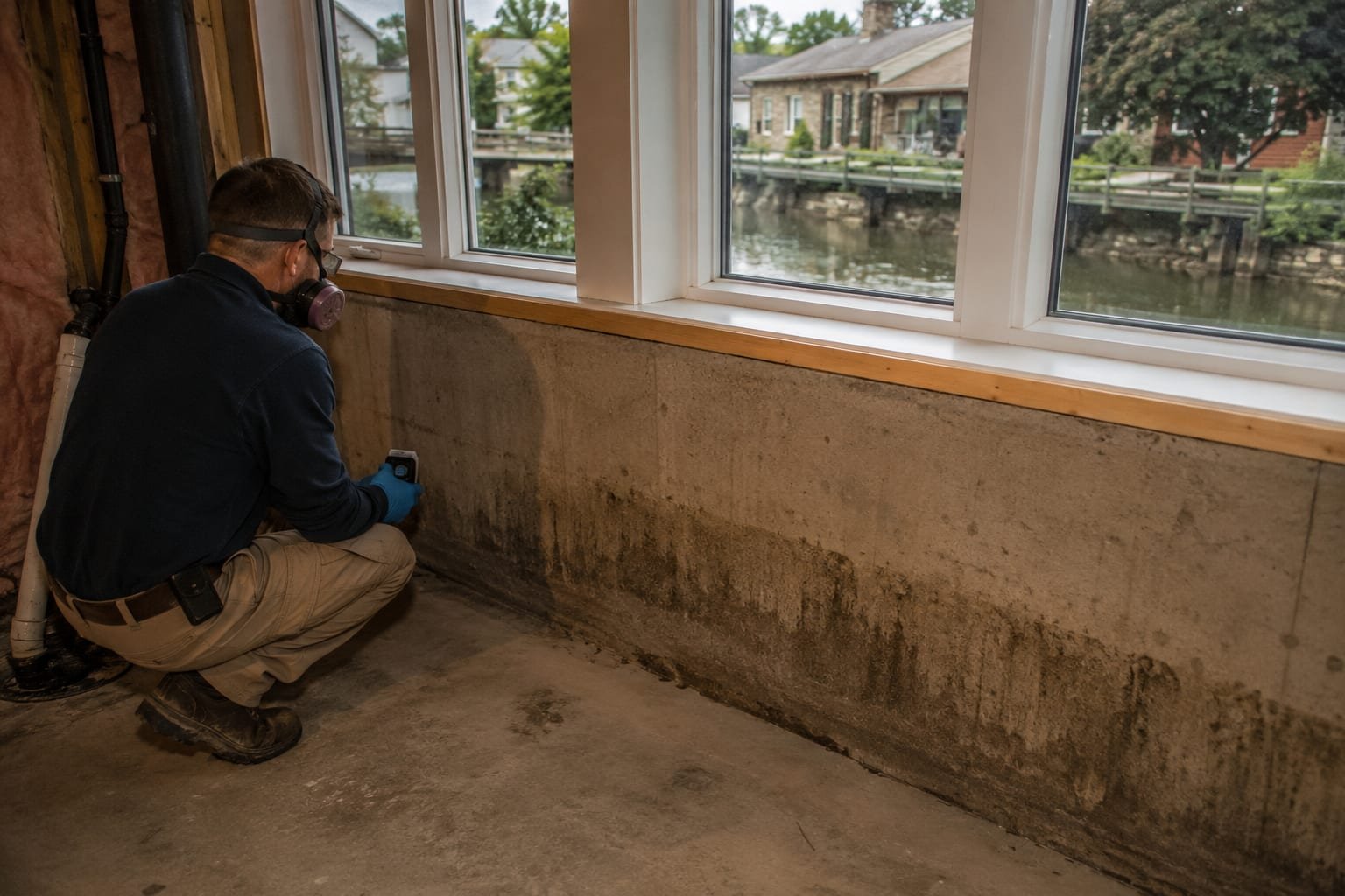 Mold remediation technician inspecting a basement near the Erie Canal in Pittsford, NY