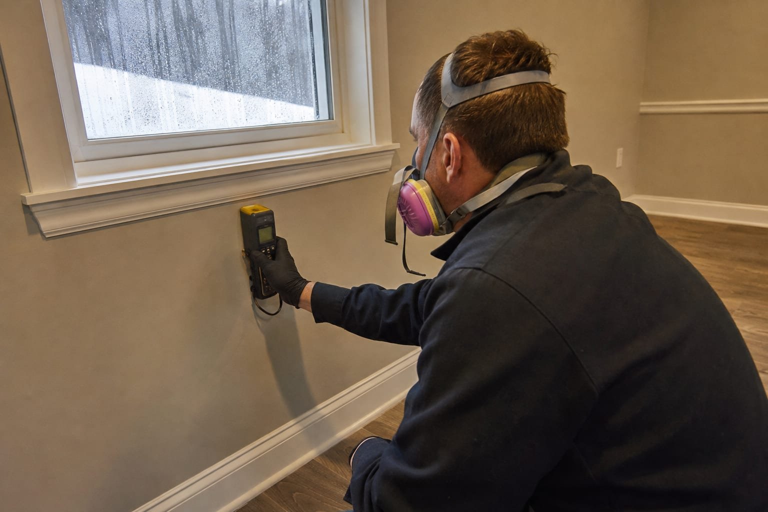 Mold remediation technician inspecting a basement wall in a Webster, NY home near the Lake Ontario shore