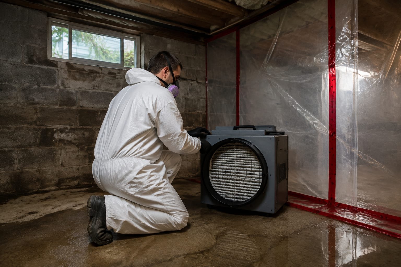 Mold remediation technician in PPE running HEPA containment in a Rochester, NY basement
