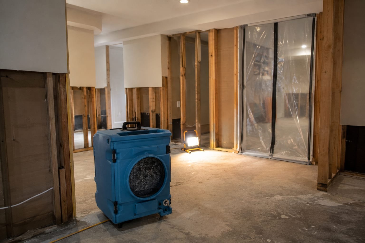HEPA air scrubber and poly containment set up in a Rochester, NY finished basement