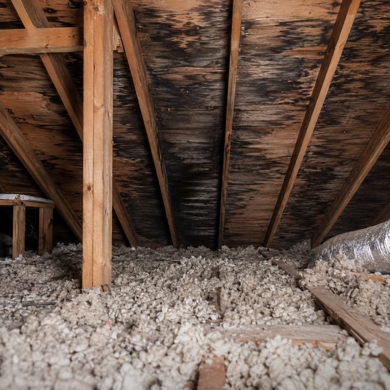 Dark mold staining on attic roof sheathing above the insulation line in a Rochester, NY home