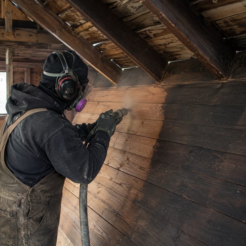 Soda blasting removing mold from attic sheathing in a Rochester, NY house