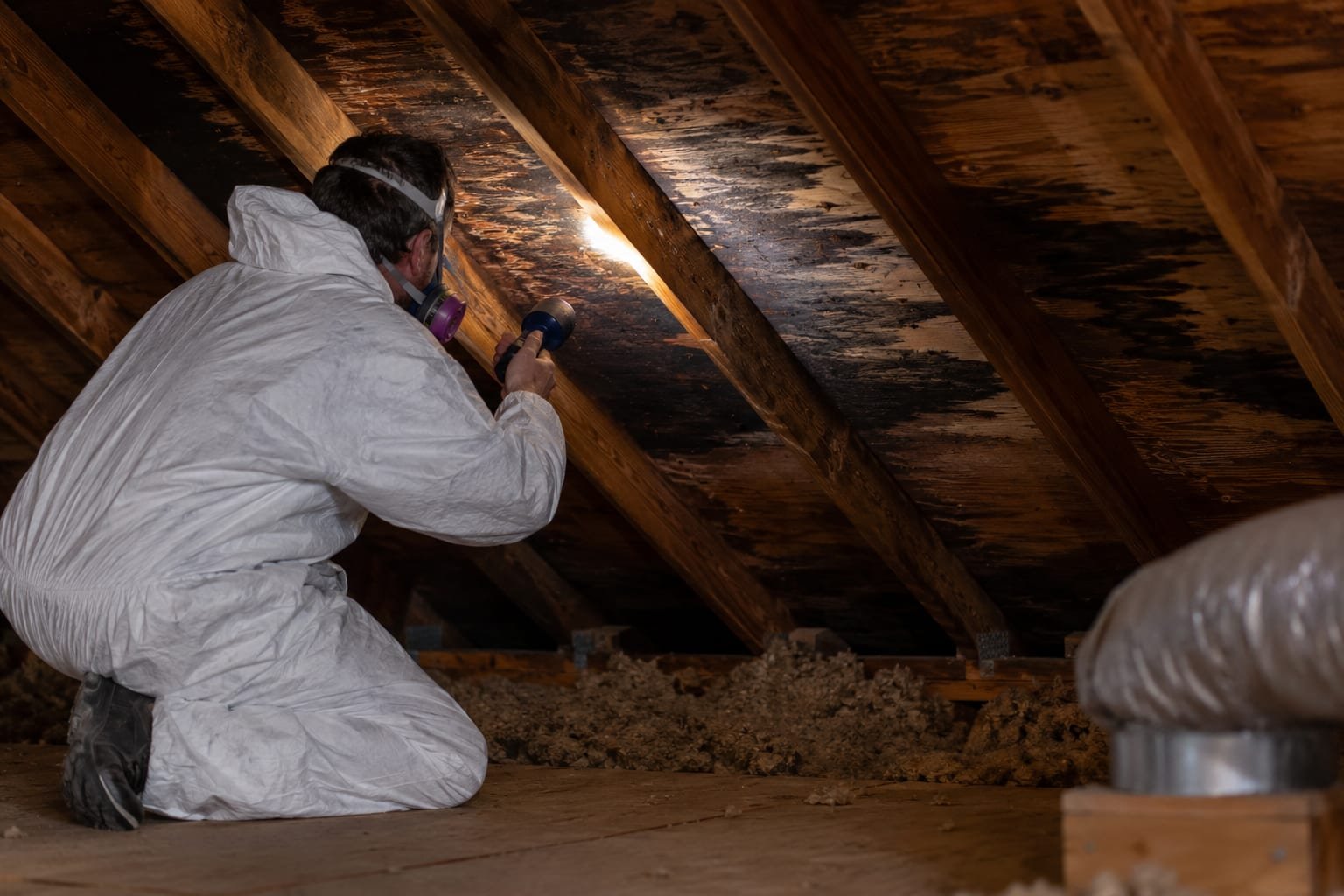 Dark mold growth on attic roof sheathing above the insulation line in a Rochester, NY home