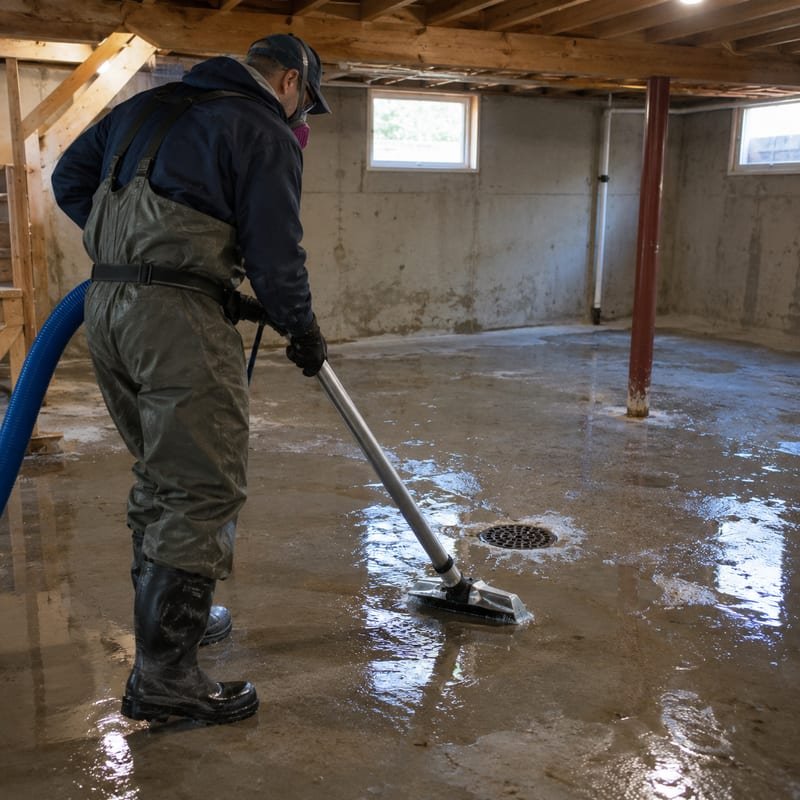 Technician extracting standing water from a flooded unfinished basement in Rochester, NY