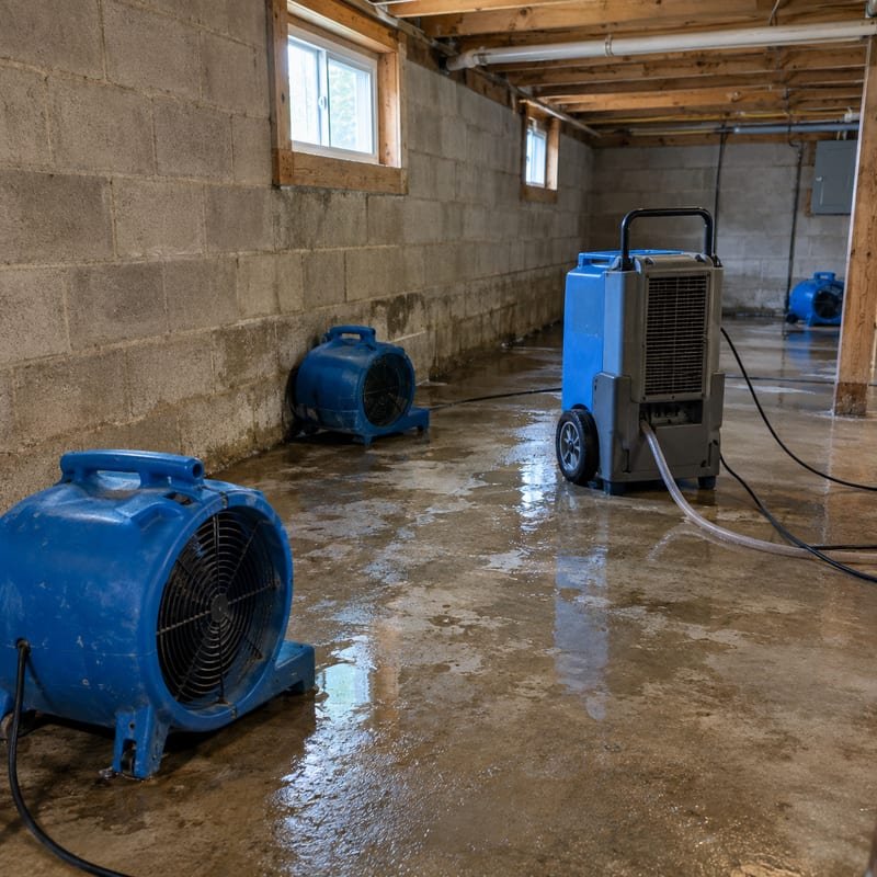 Air movers and a dehumidifier drying a flooded basement slab and framing in Rochester, NY