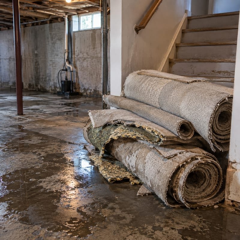 Soaked carpet and pad removed from a finished basement after flooding in Rochester, NY