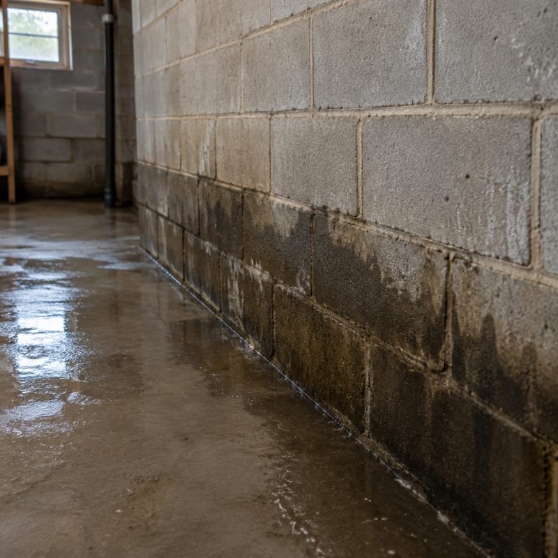 Water line staining low on a block foundation wall in a flooded Rochester, NY basement