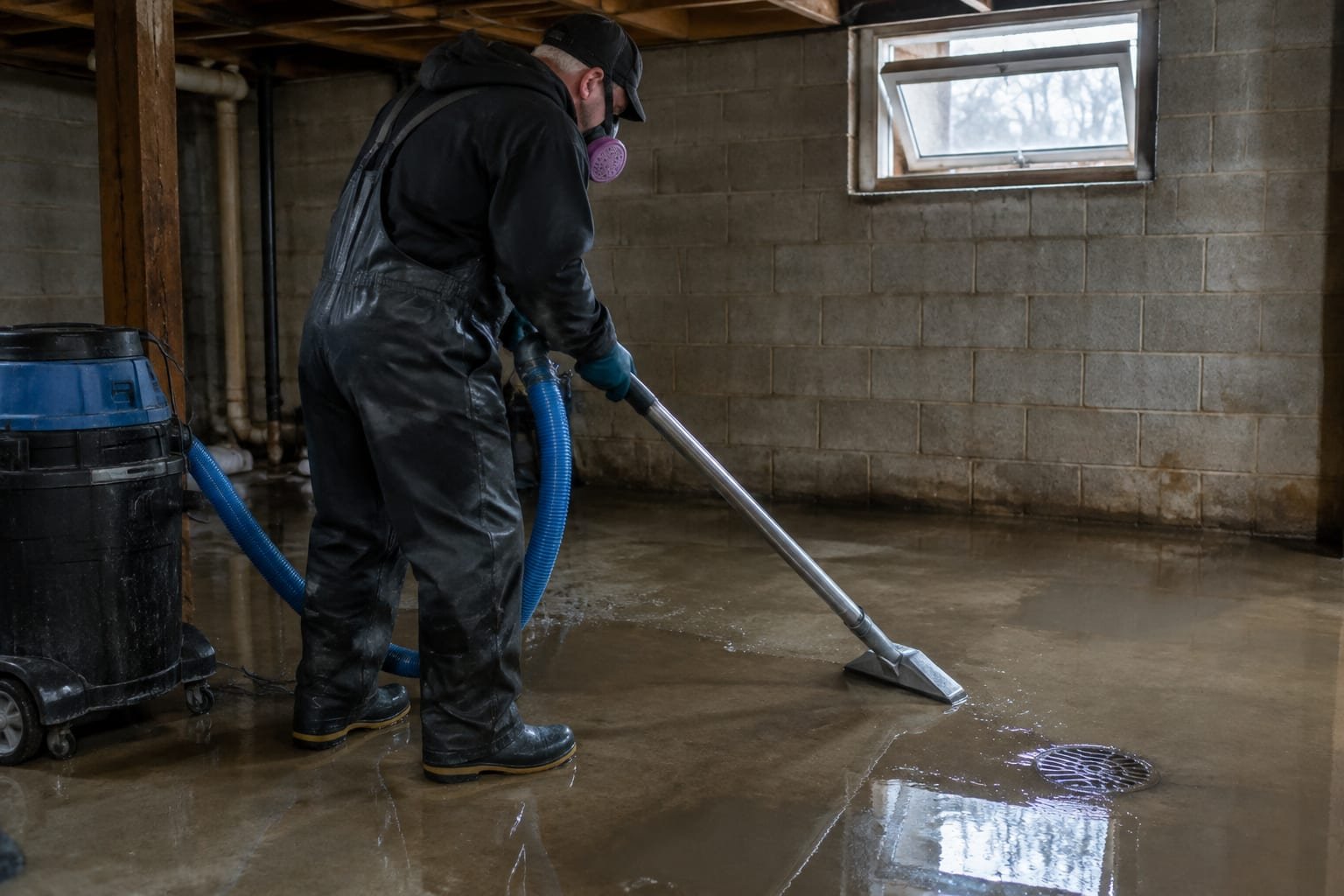 Technician extracting standing water from a flooded basement in Rochester, NY