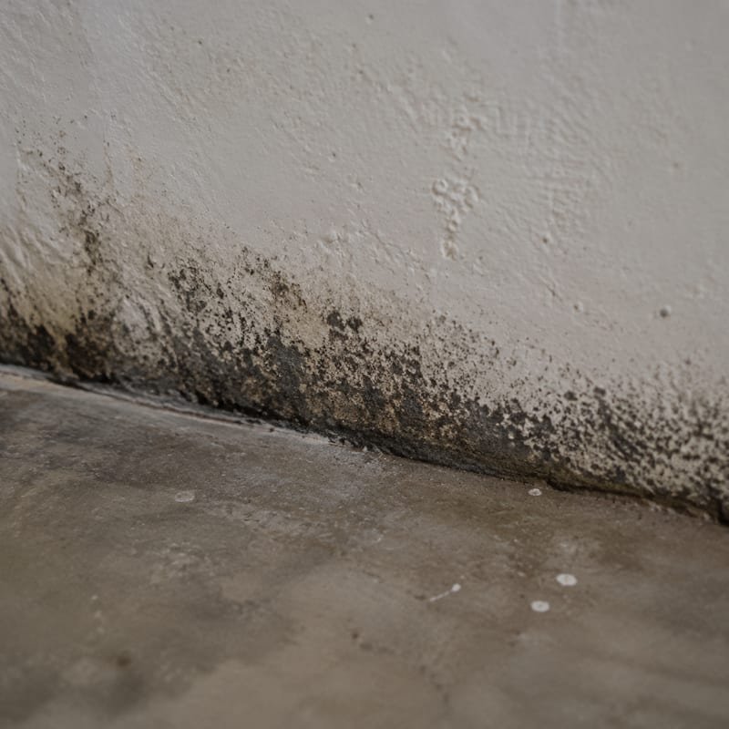 Mold growth along the cove joint where a basement wall meets the floor slab in Rochester, NY