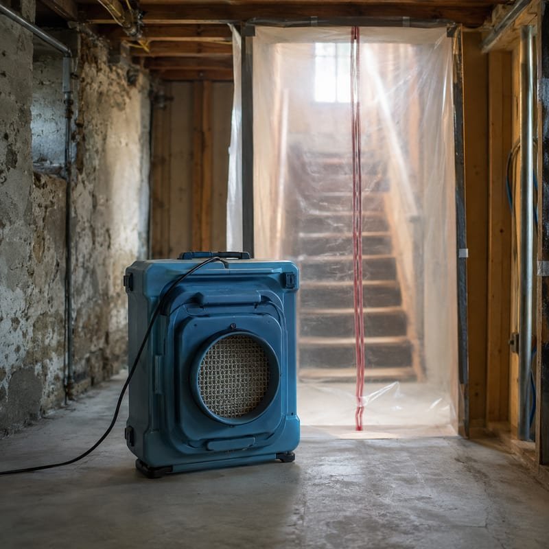 HEPA air scrubber running in a Rochester, NY basement during mold remediation