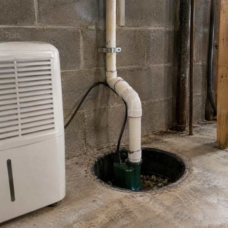 Dehumidifier and sump pump installed to prevent basement mold in a Rochester, NY home