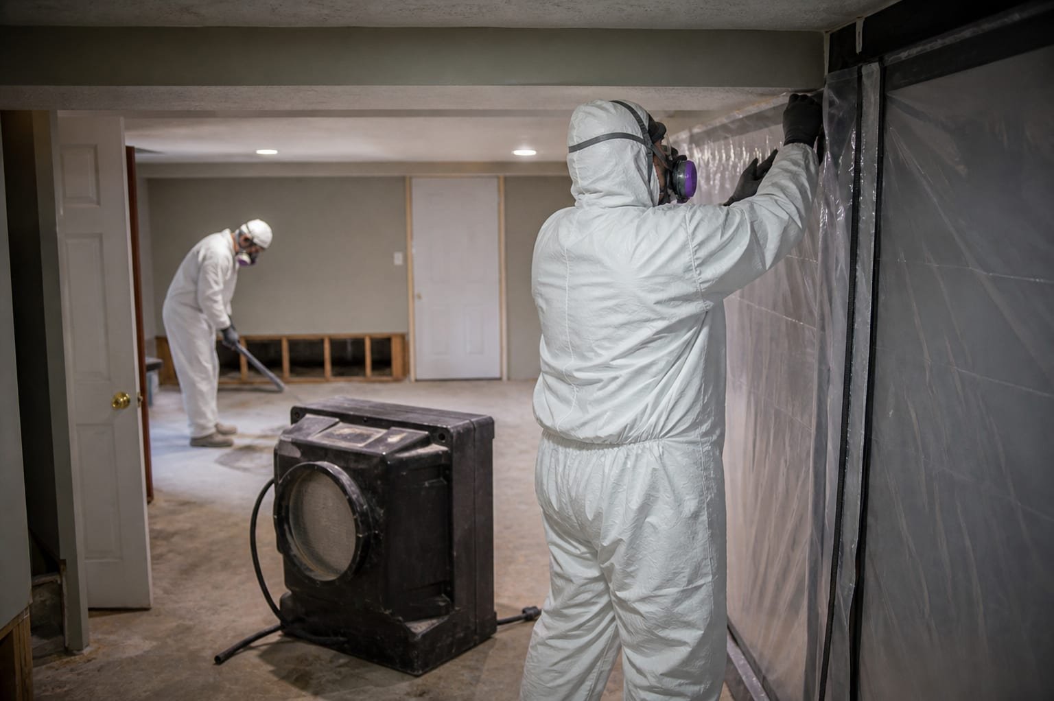 HEPA air scrubber and poly containment set up for basement mold removal in a Rochester, NY home