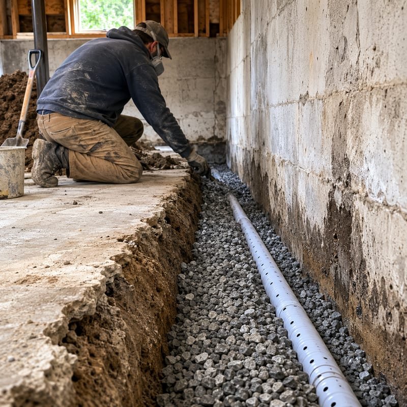 Interior perimeter drain being installed at the slab edge in a Rochester, NY basement