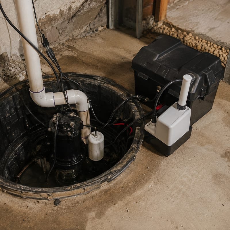 Sump pump with battery backup installed in a Rochester, NY basement