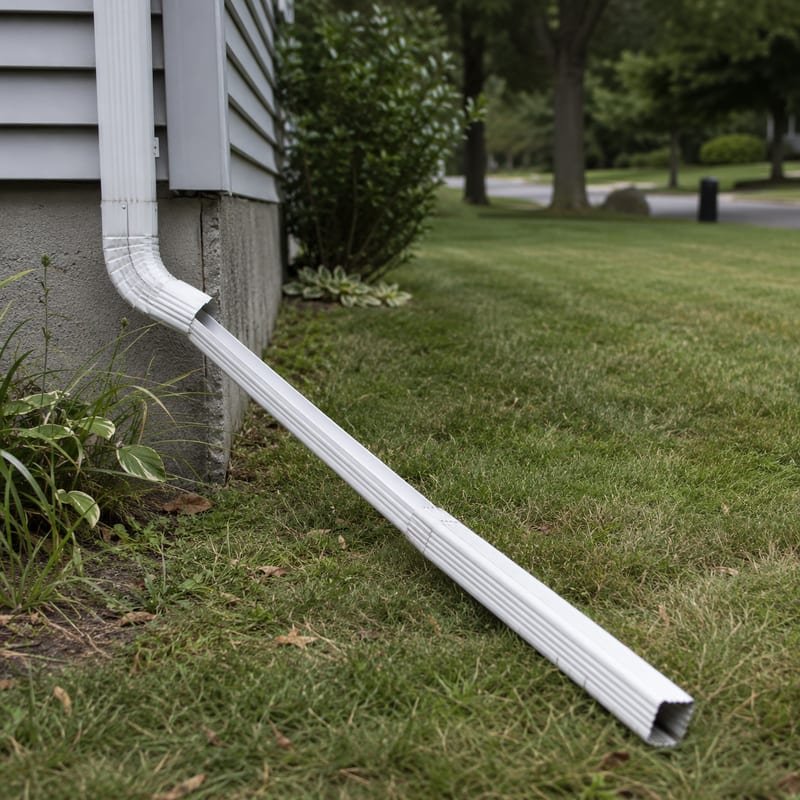 Downspout extension carrying roof water away from a Rochester, NY foundation