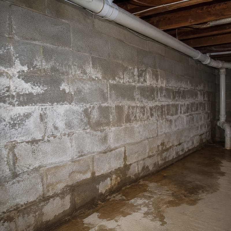 Efflorescence and seepage staining on a block foundation wall in Rochester, NY