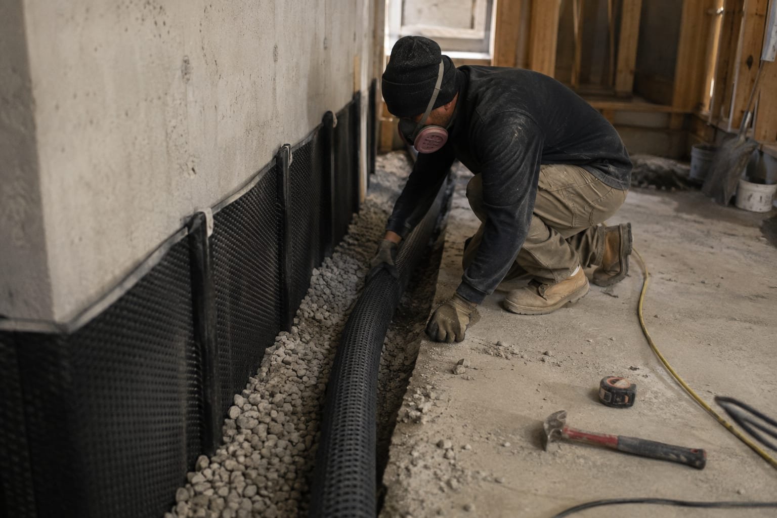 Interior perimeter drain and sump pump installation for basement waterproofing in Rochester, NY