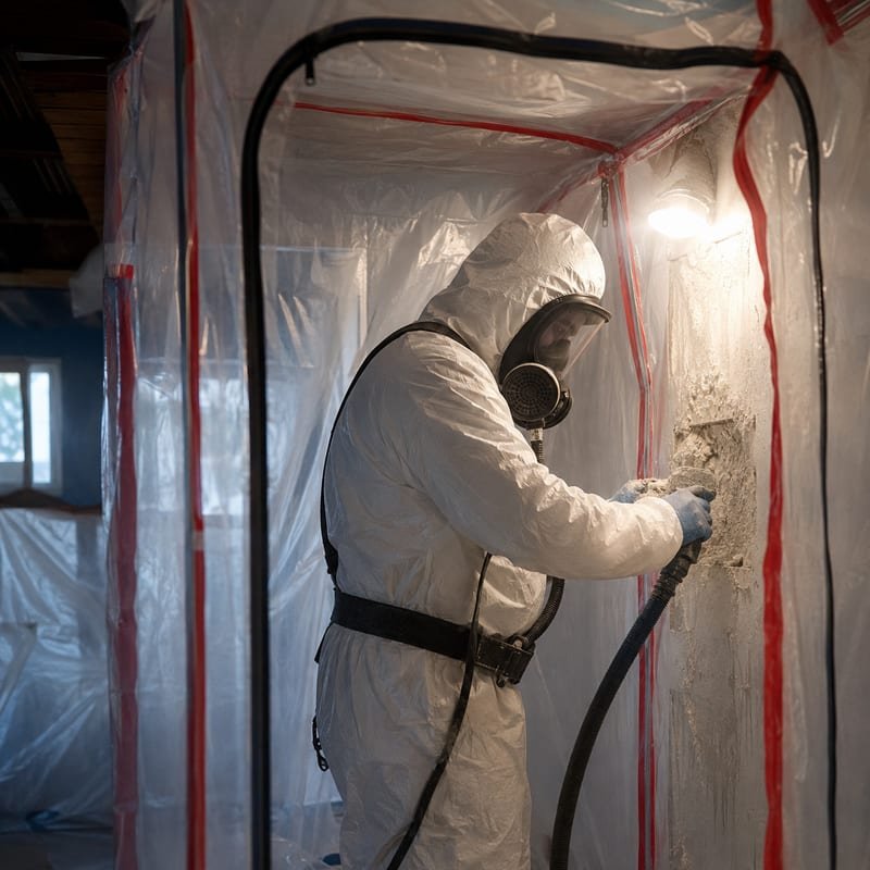 Technician in full PPE and respirator removing black mold under containment in Rochester, NY