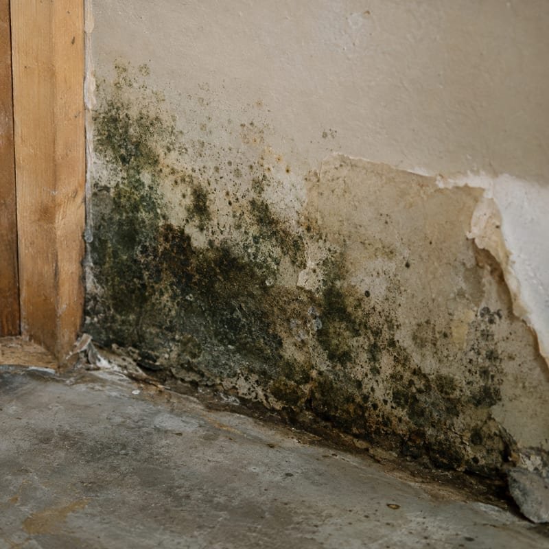Dark Stachybotrys growth on water-damaged drywall in a Rochester, NY basement