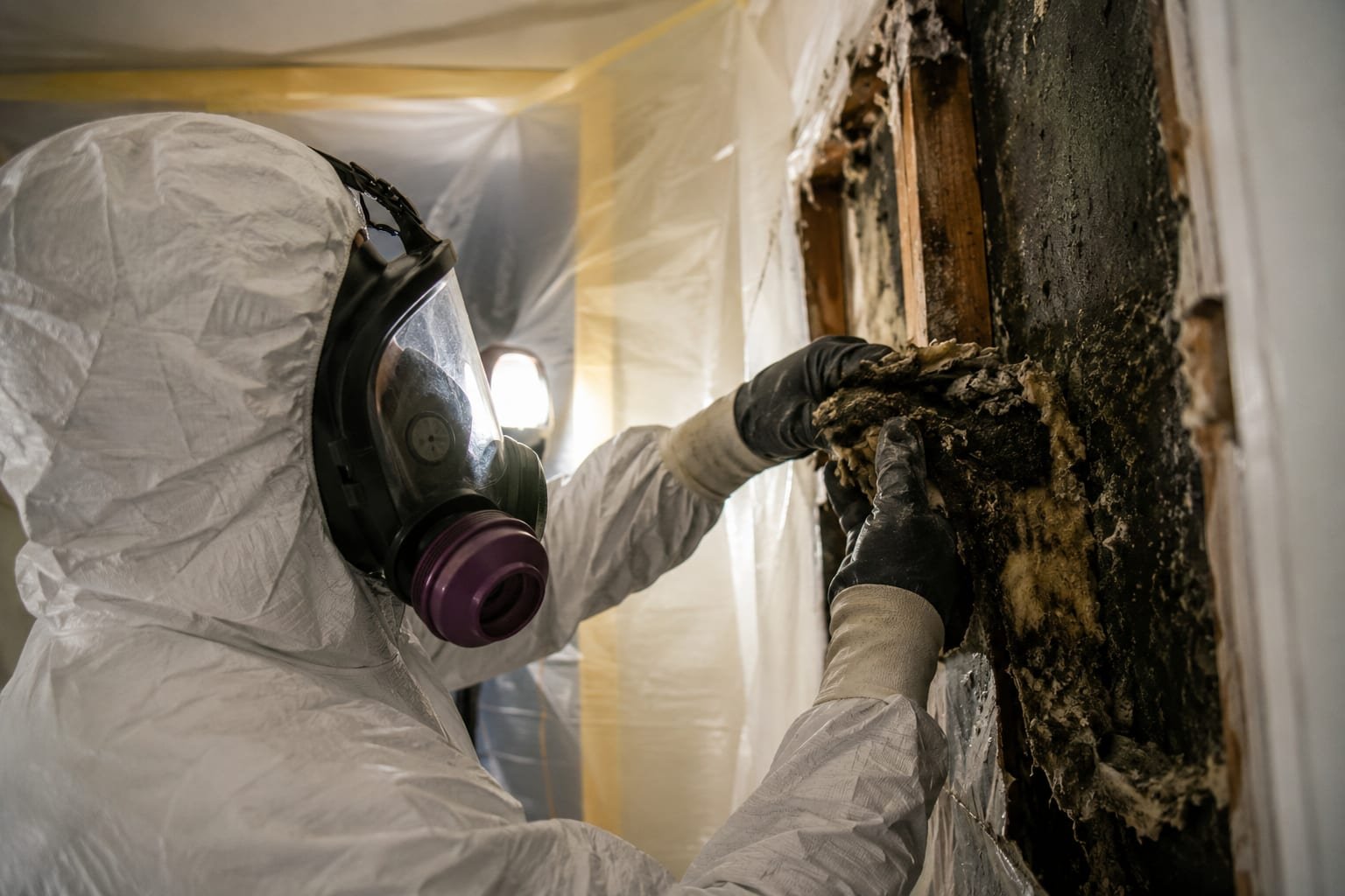 Remediation technician in full PPE removing black mold from a wall cavity under containment in Rochester, NY