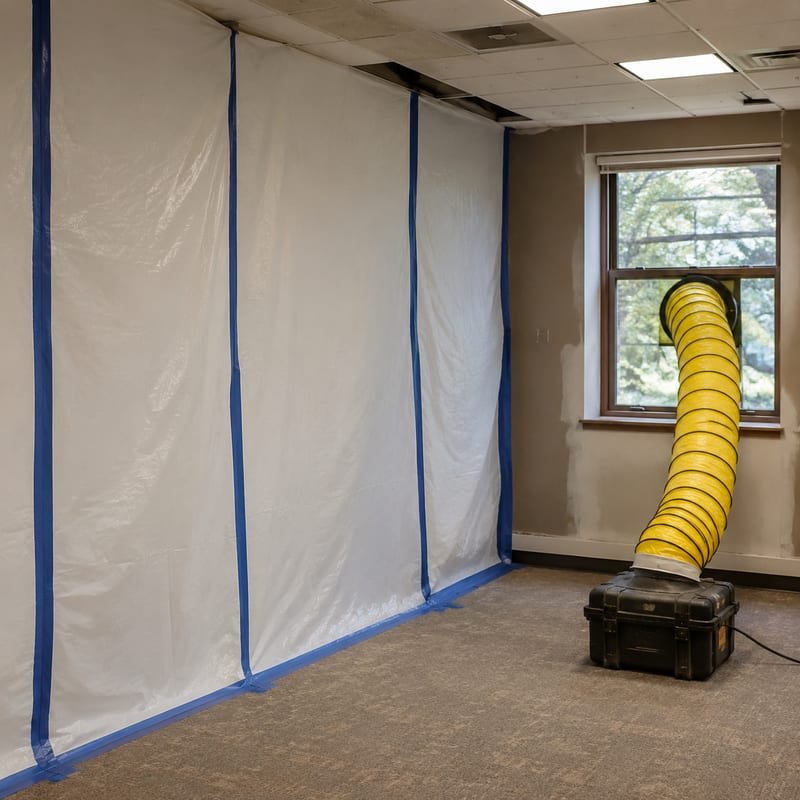 Phased containment set up in an occupied Rochester, NY office during commercial mold remediation
