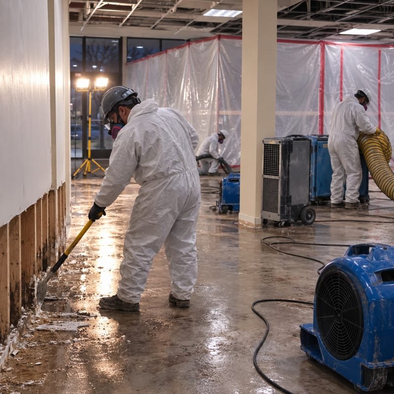 After-hours mold remediation work in a Rochester, NY retail space