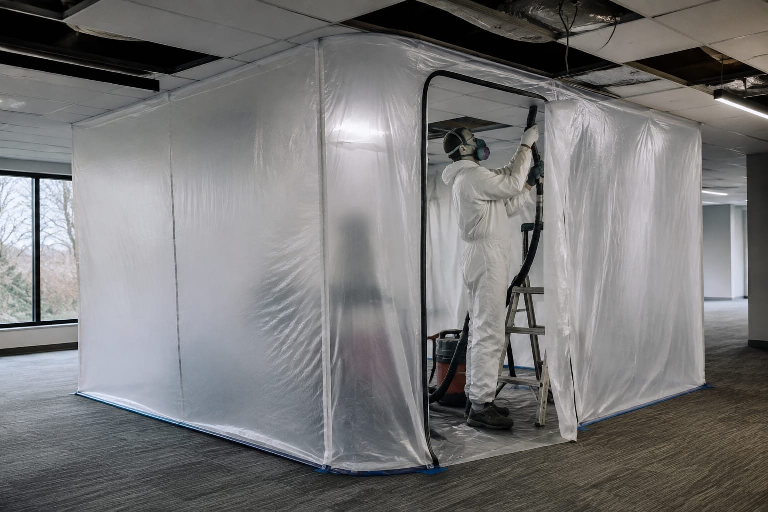 Commercial mold remediation containment set up in an occupied Rochester, NY office building