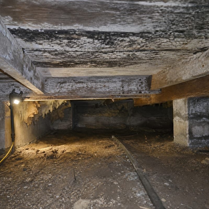 Mold growth on floor joists and subfloor in a Rochester, NY crawl space