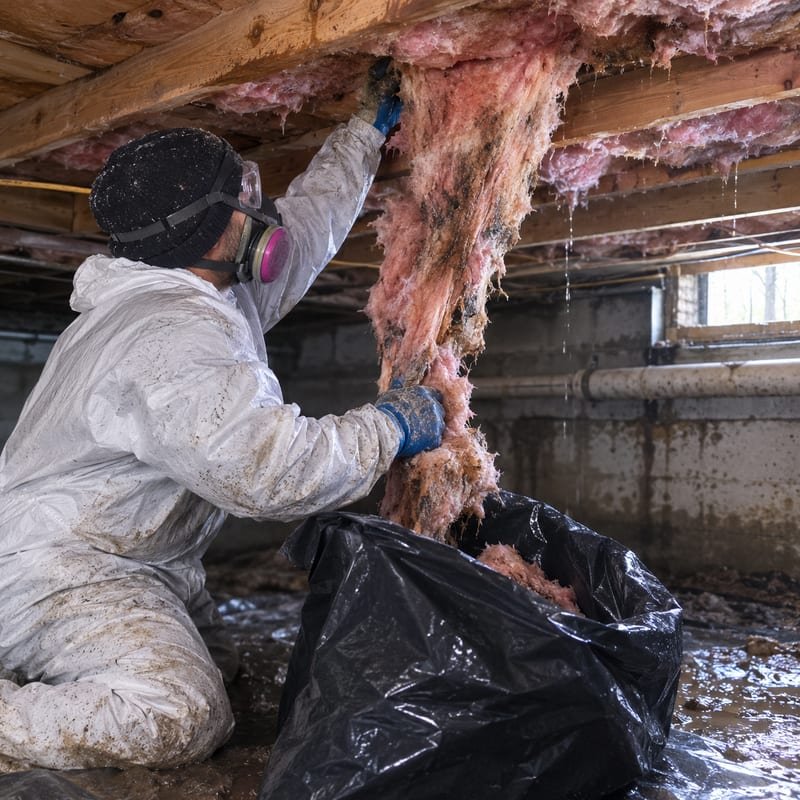 Technician removing wet fallen insulation from crawl space joist bays in Rochester, NY