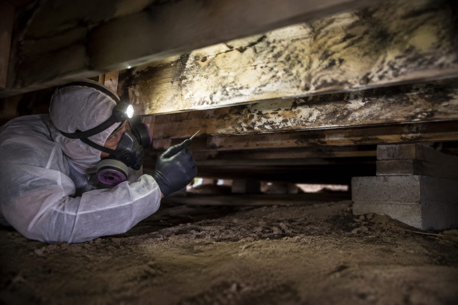 Technician installing a vapor barrier after crawl space mold removal in a Rochester, NY home