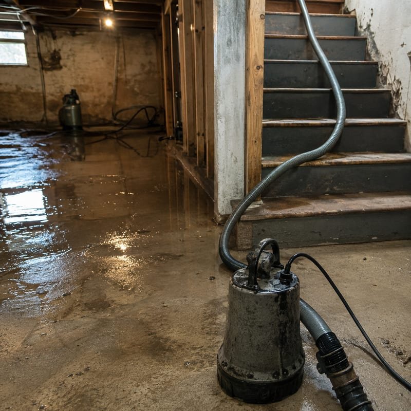 Emergency water extraction underway in a flooded Rochester, NY basement