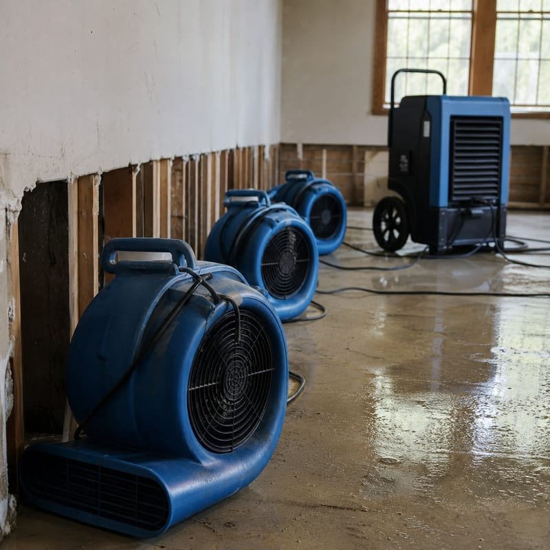 Commercial air movers and dehumidifier running during structural drying in Rochester, NY