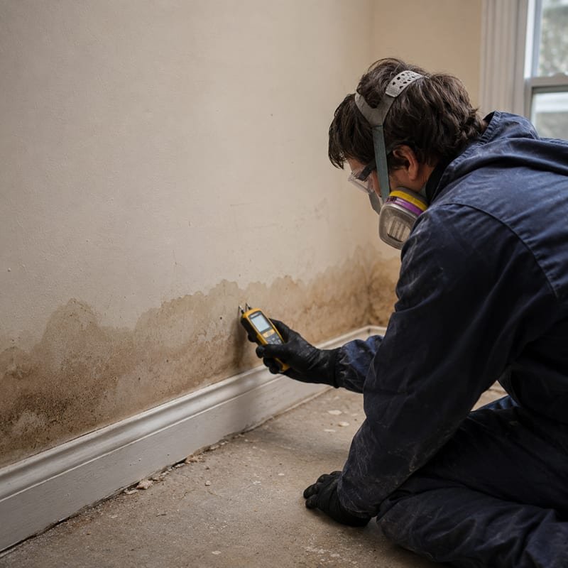 Technician taking a moisture reading on wet drywall during emergency response in Rochester, NY