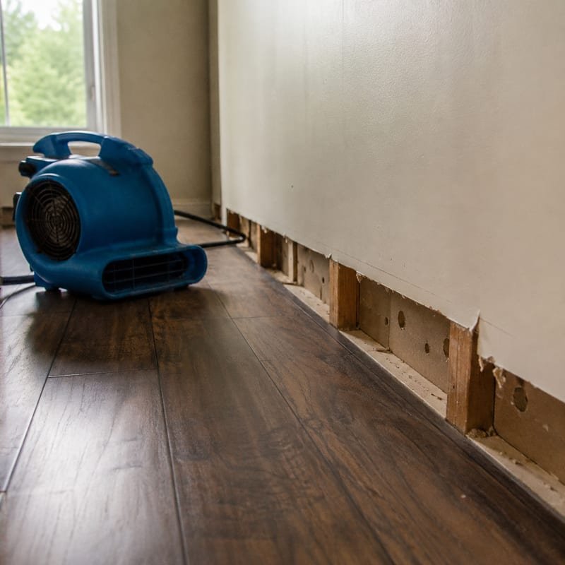 Cavity drying setup behind removed baseboard in a Rochester, NY home