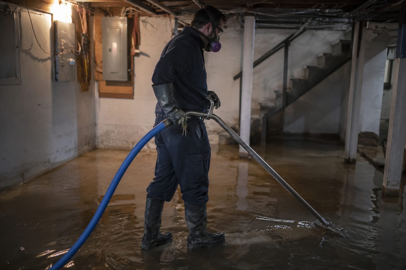 Emergency water extraction and drying equipment running in a flooded Rochester, NY basement