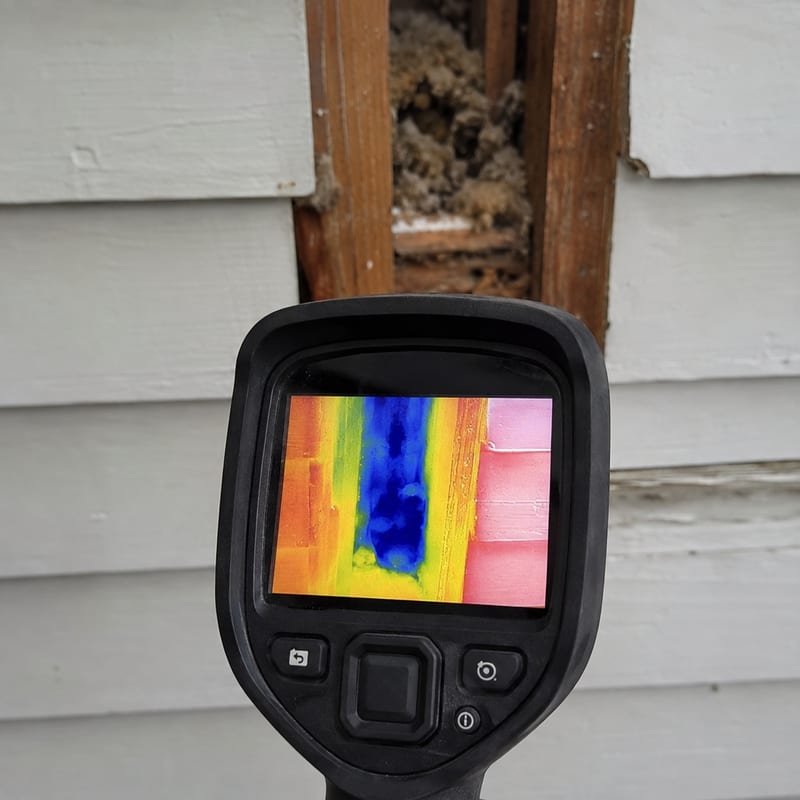 Thermal imaging camera revealing hidden moisture inside a wall cavity during a Rochester mold inspection