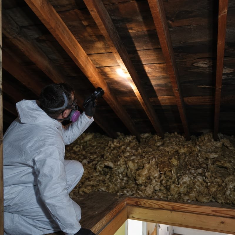 Inspector checking attic sheathing for mold during a home inspection in Rochester, NY