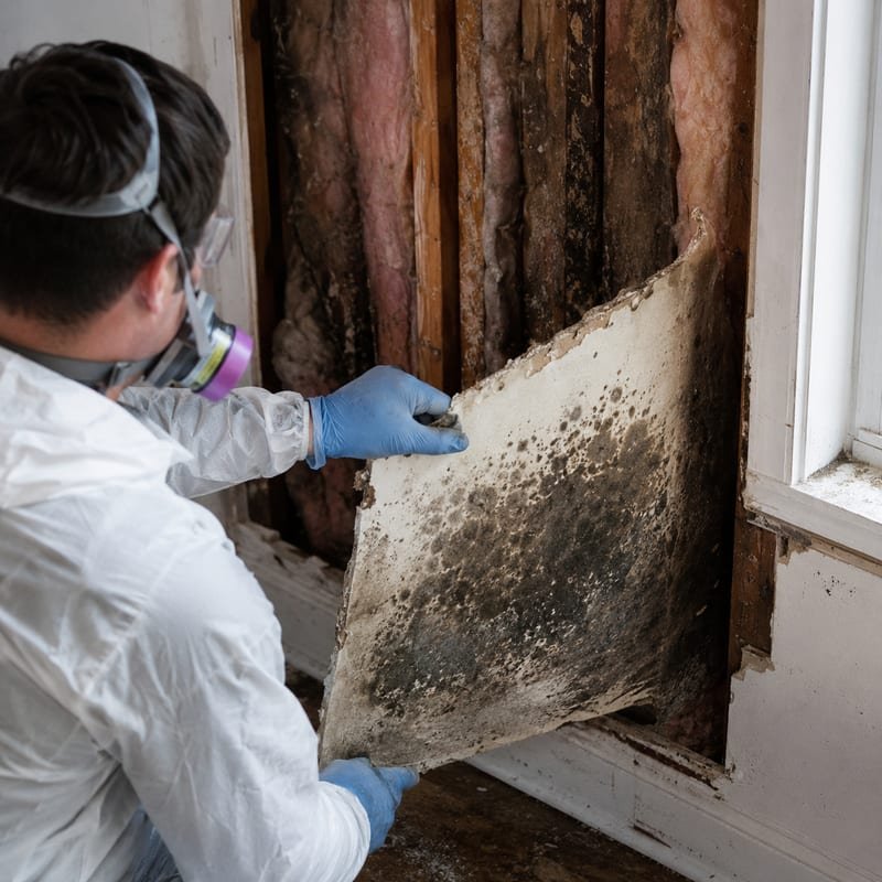 Mold-damaged drywall being removed under sealed containment in a Rochester, NY basement