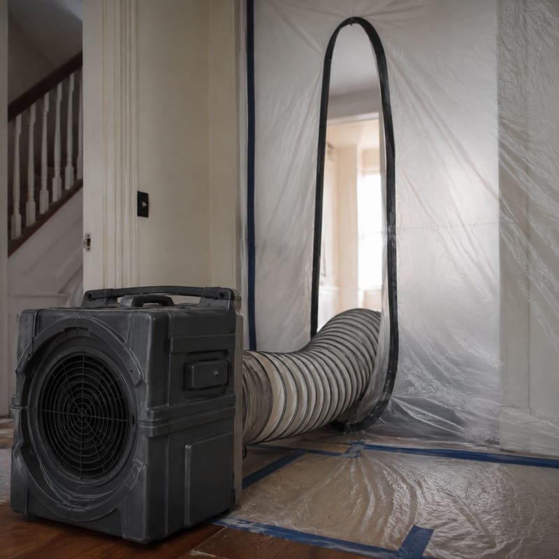 HEPA air scrubber running under negative pressure during mold remediation in Rochester, NY