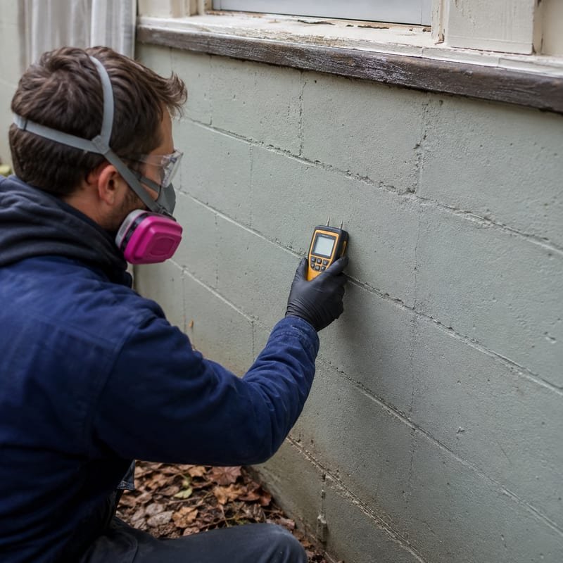 Technician moisture-mapping a foundation wall before mold remediation in Rochester, NY