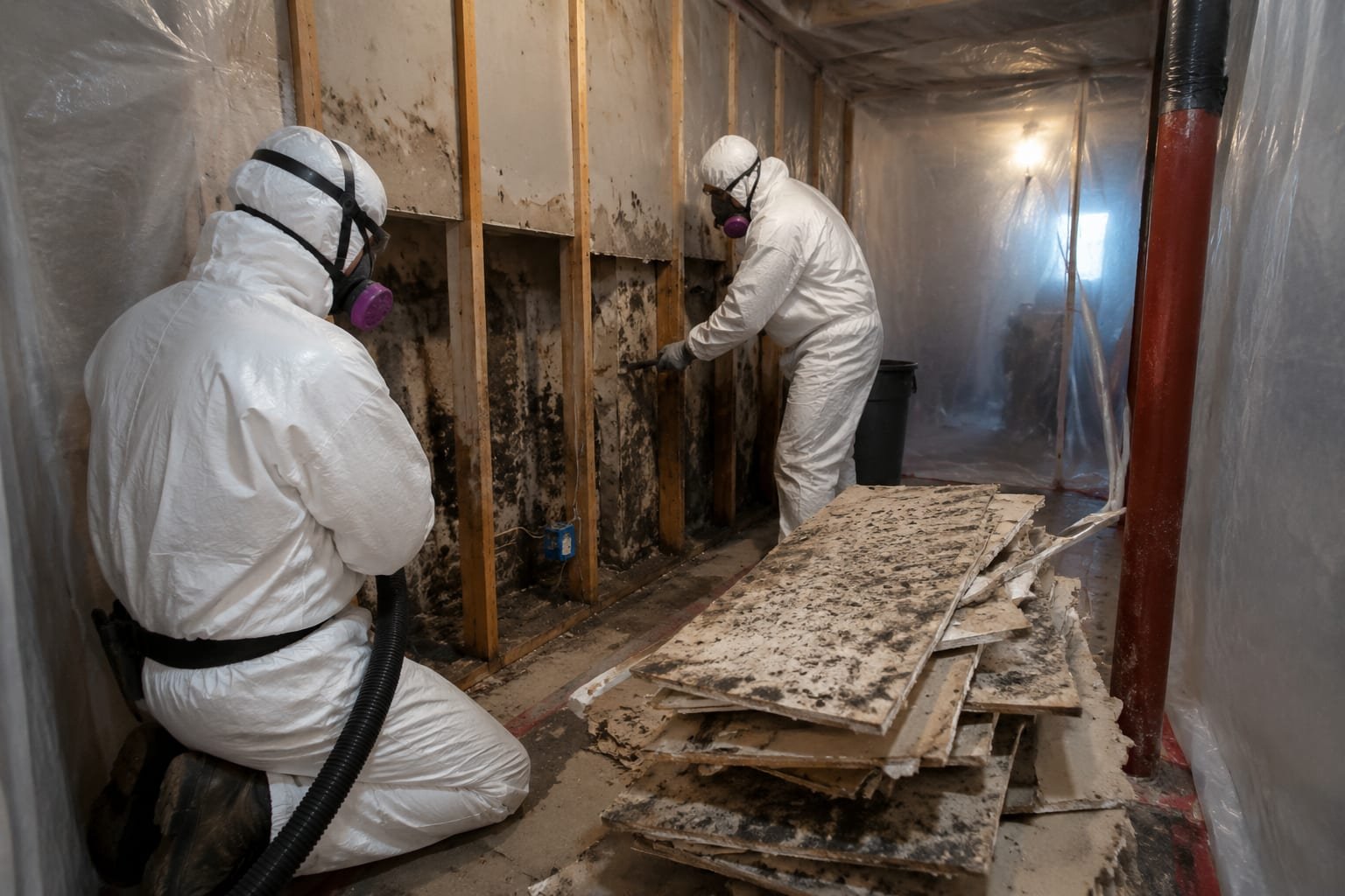 Mold remediation crew removing mold-damaged drywall under sealed containment in a Rochester, NY basement