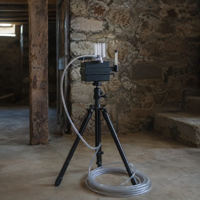 Calibrated spore trap air pump collecting a mold air sample in a Rochester, NY basement
