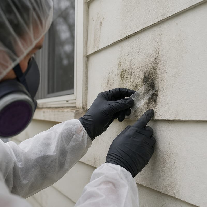 Technician taking a tape-lift surface sample from mold growth on a Rochester, NY wall