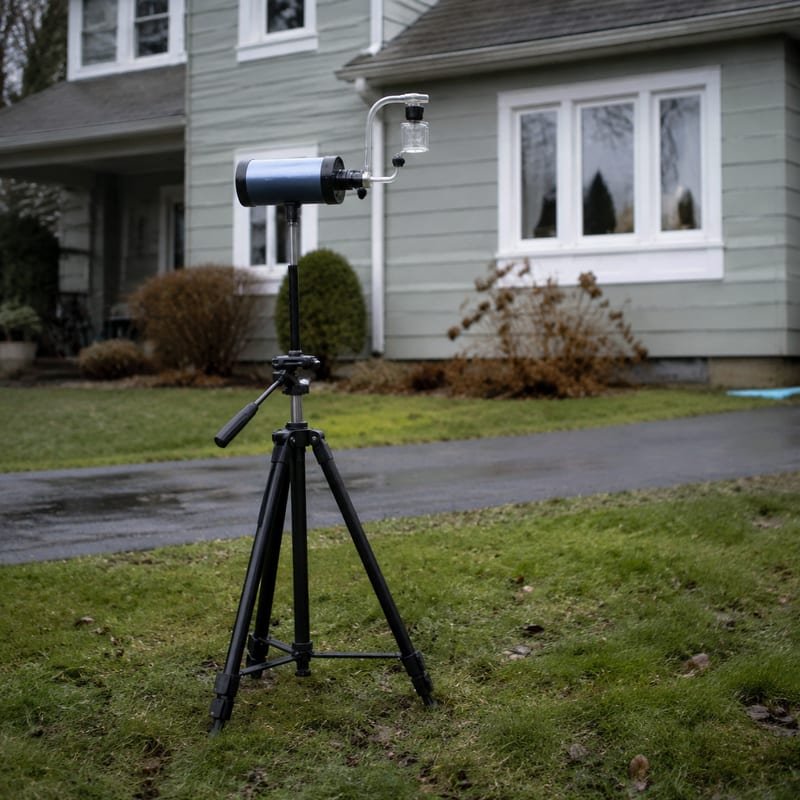 Outdoor control air sample being collected outside a Rochester, NY home during mold testing